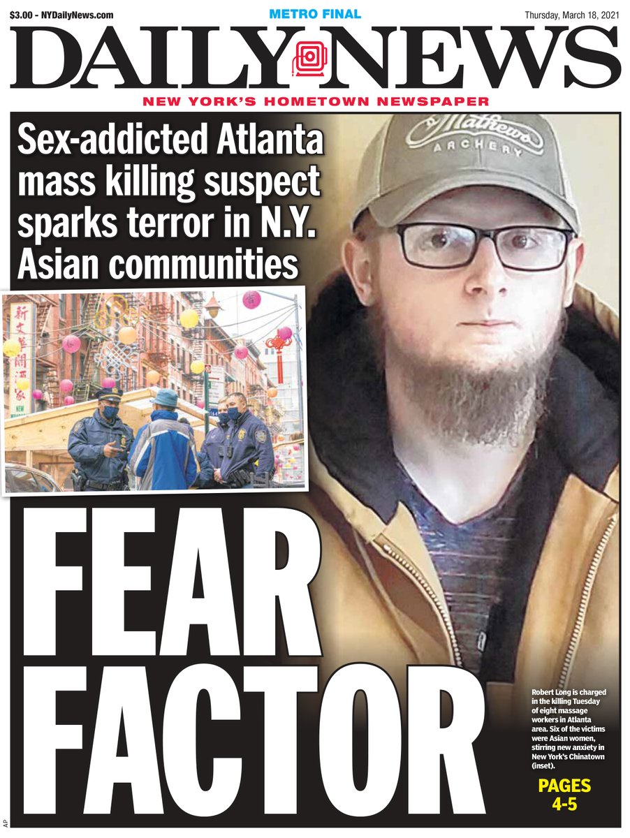 NYDailyNews's tweet photo. Fear factor
Sex-addicted Atlanta mass killing suspect sparks terror in N.Y. Asian communities https://t.co/cArkkFQ3N2 https://t.co/FnHGQONebJ https://t.co/VQ8wqRfPuk