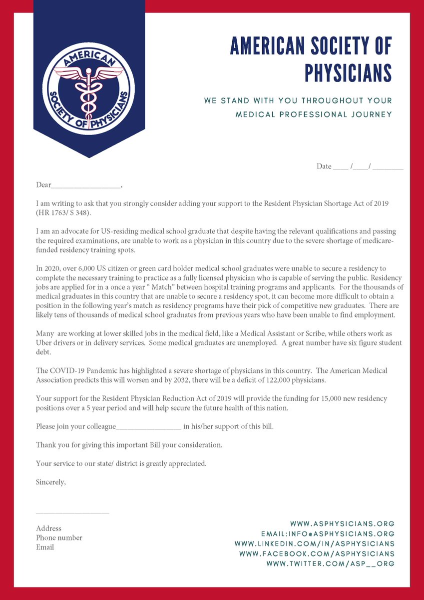 ASP__org's tweet photo. Need a sample letter to send Congress/Senate urging them to increase residency spots?
We made it easy for you.
#TrainMoreDoctors #SaveGME #TrainingShortage #Match2021 #SOAP2021 #MedTwitter #MedStudentTwitter #ASPhysicians https://t.co/XDwc4tVqeW