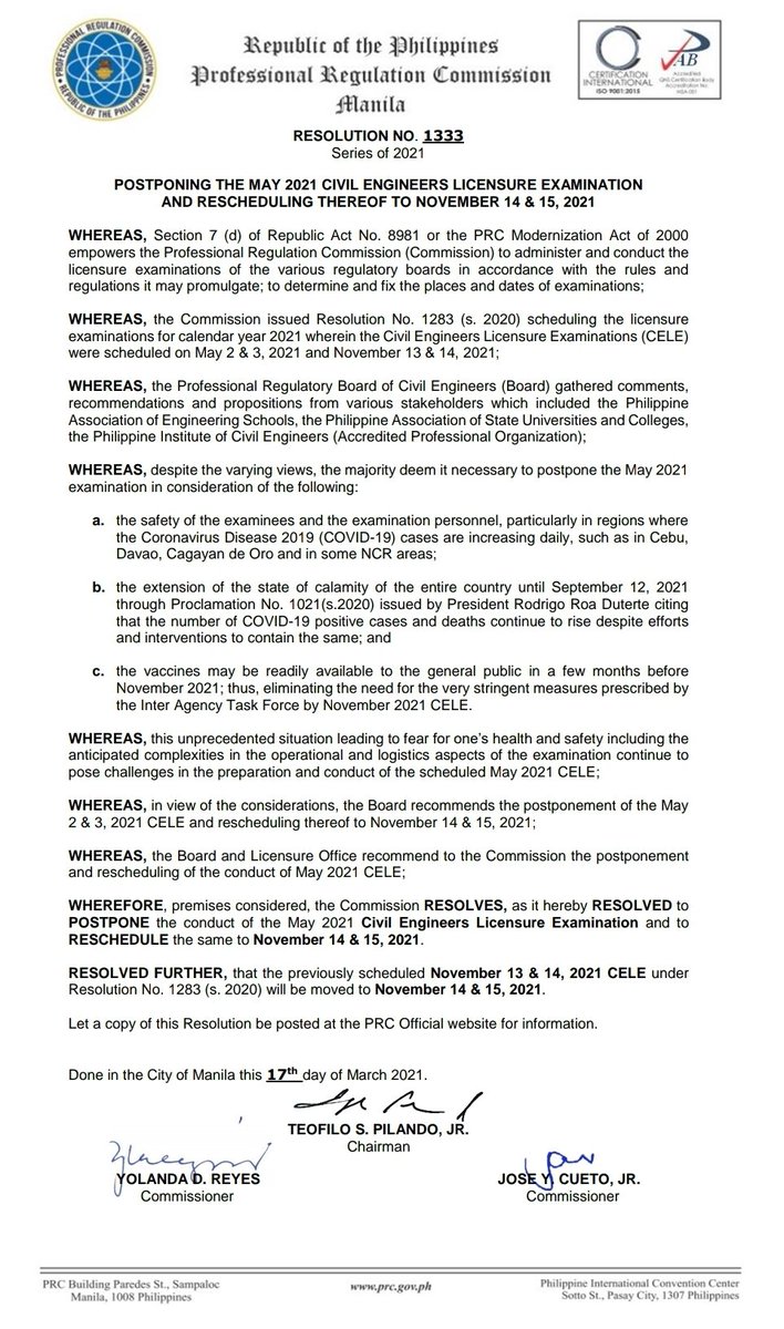 SibilEngineerPH's tweet photo. LOOK: PRC Resolution No. 1333, Postponing the May 2021 Civil Engineers Licensure Examination and Rescheduling thereof to November 14 and 15, 2021 https://t.co/maFHzibIwS