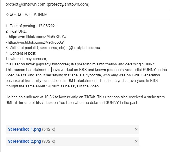 SNSDLatino_ss's tweet photo. SONEs, invitados a reportar a SM un video de difamación sobre Sunny 👉🏻
 
El usuario tuvo un strike anteriormente por este motivo. En la imagen la info correspondiente a enviar al e-mail de SM. https://t.co/LJ2gdSukC3