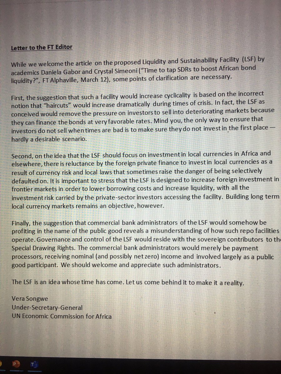 Thank you for your interest in the LSF. @DanielaGabor @nssylla @KevinPGallagher @gchelwa @adam_tooze @IMFNews @JoeThwaites @stephanygj @ftopinion did not publish response but given the interest thought I should respond #LSF #Repomarket for Africa @ONECampaign @ECA_OFFICIAL