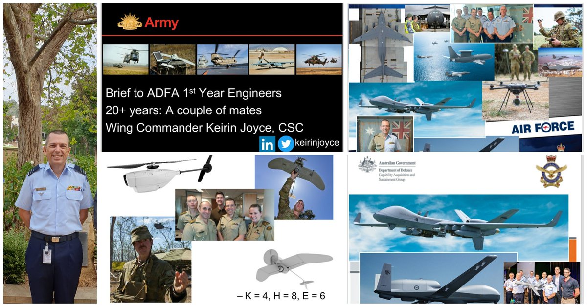keirinjoyce's tweet photo. Guess who's back, back again?
Back at #ADFA this morning briefing the 1st Year Intro to Eng on my uncrewed career with @AusAirForce and @AustralianArmy.
Great young people w/ fab Q's and an exciting future!
#ToLeadToExcel
@ComdtADFA @ADC_Australia @WarintheFuture @TheCentralBlue https://t.co/84fghJAZRw