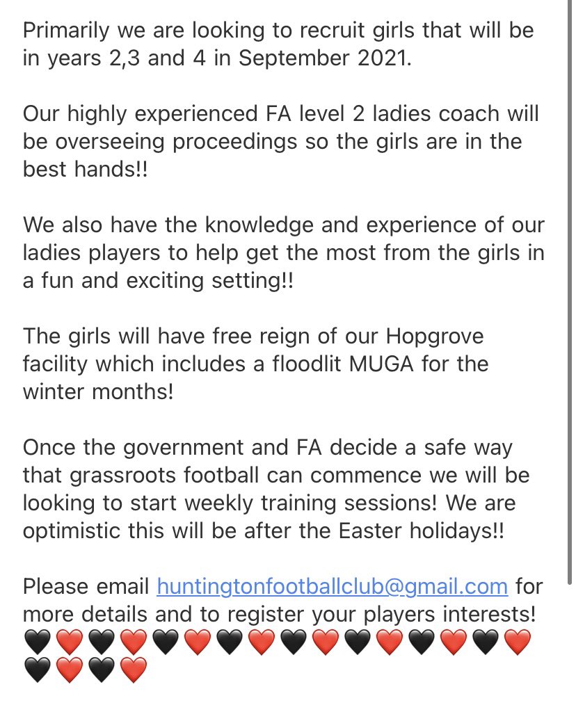 ✨EXCITING OPPORTUNITY✨ for any girls in Years 2, 3 and 4 that want to give football a go! Huntington Ladies Team have set up a Junior section... read below to find out more information ⚽️⚽️⚽️