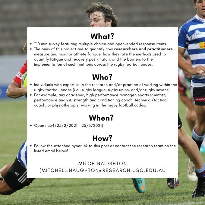 🗣 To all of those involved in Rugby codes (league, union and 7s).

🚨 There is 1 week left to fill out our survey, looking at establishing current practices to quantify fatigue and recovery post-match.

🏉 All levels welcome!

👇🏼 Details and link below.

🙌🏼 Please share and RT.