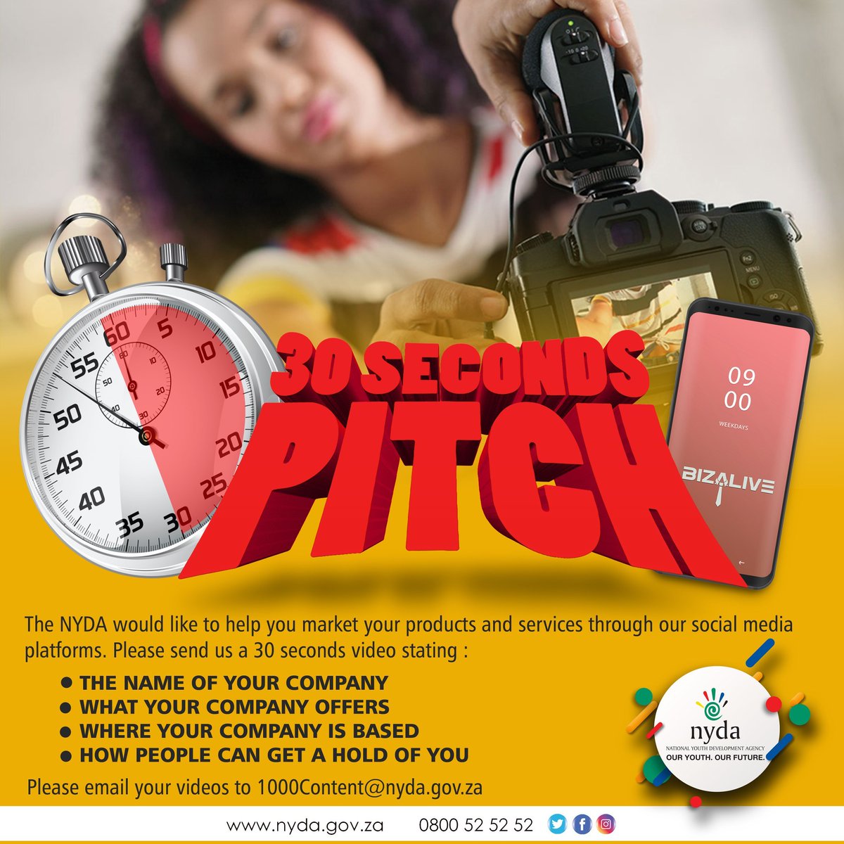 The NYDA #BizAlive feature aims to assist youth-owned businesses with reaching more clients through the agency’s online platforms. 

Send us a 30seconds video outlining the details of your business to 1000content@nyda.gov.za.

#thursdaymorning
#thursdayvibes