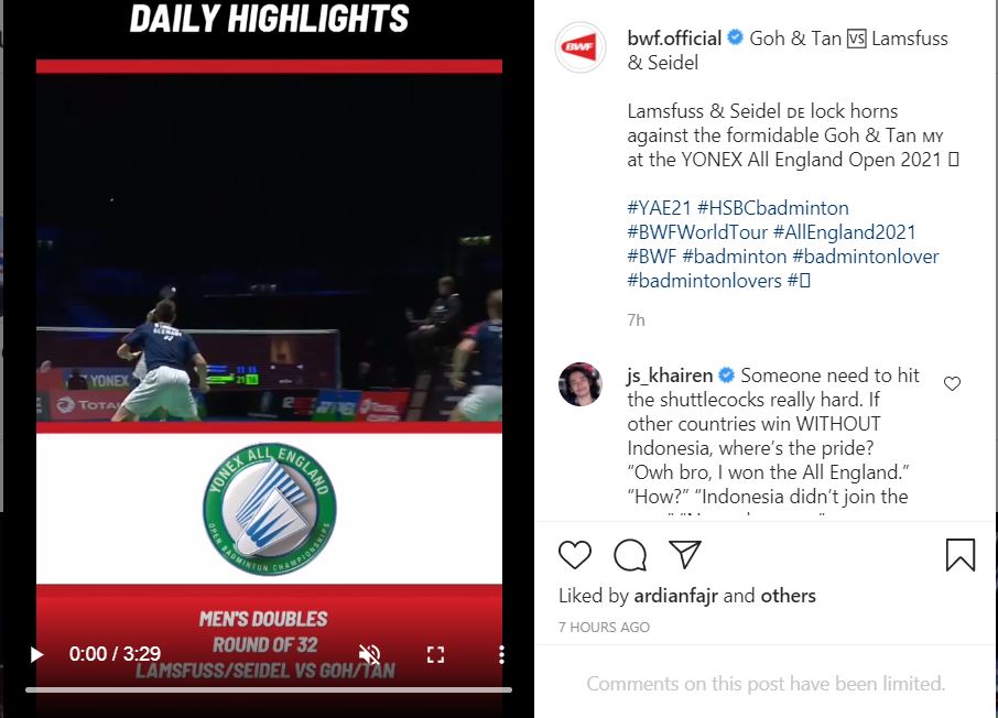 BWF menutup kolom komentar di akun Instagram resminya