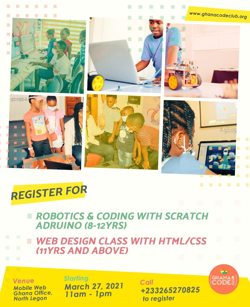 ghanacodeclub's tweet photo. Our next coding & robotics sessions for kids resumes 27th March 2021. Kindly sponsor a child with Ghc300 to be part. Call +233265270825 for more info! #ghanacodeclub #codeonwheels #GhanaApologizesToJM #Ghana #coding https://t.co/TNUeUOXwV4