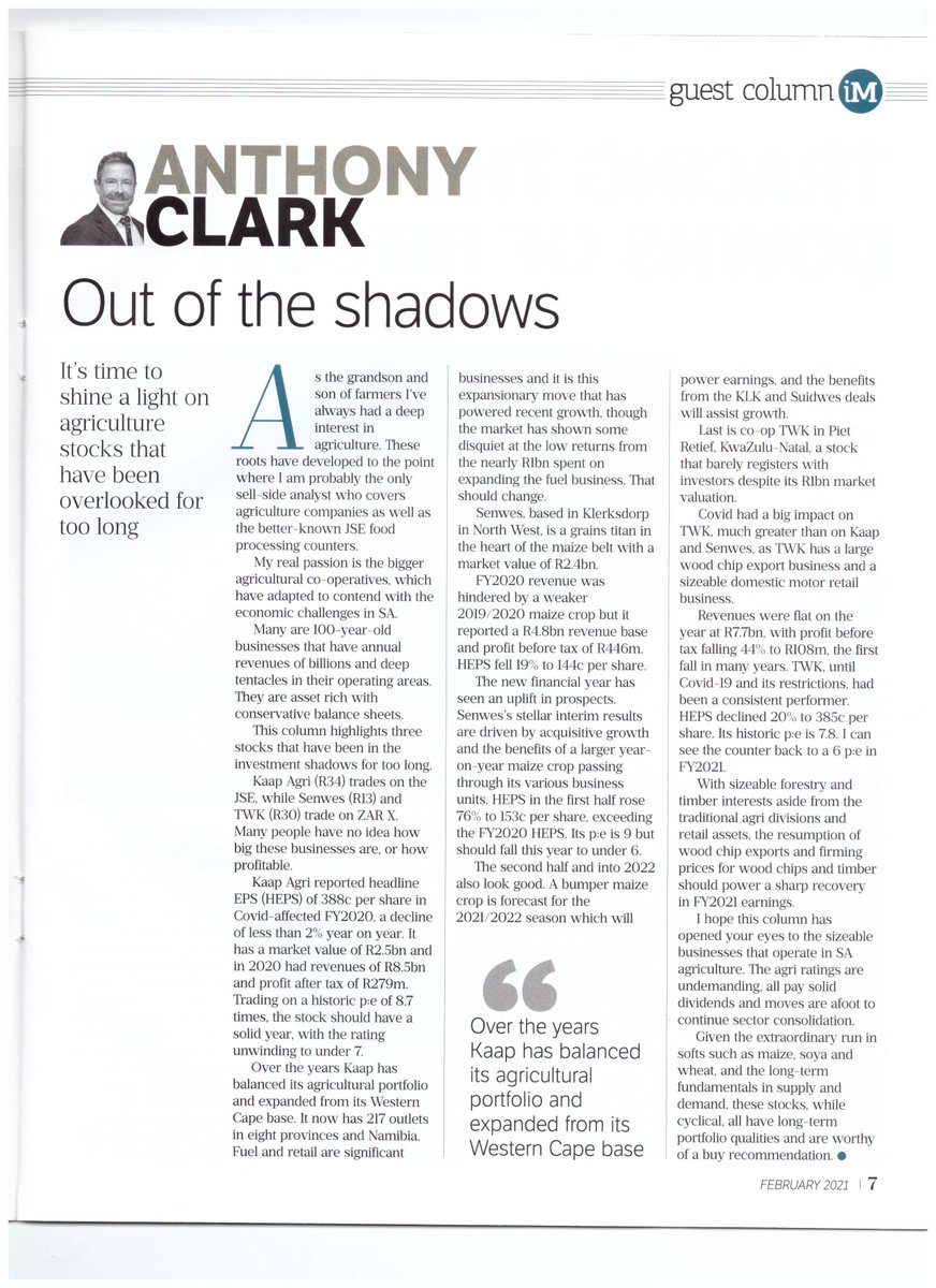 One of my big 3 Agri counters has interim results out to end March 2020

<a href="/twk/">Iwasaki Teruyuki</a> presently <a href="/ZARX_xchange/">ZAR X</a> listed (R29.50) will release results. I expect them to show good, solid post-Covid-19 recovery

If interested register on link

kris.co.za/rsvp-twk-inter…

Written on @TWK recently