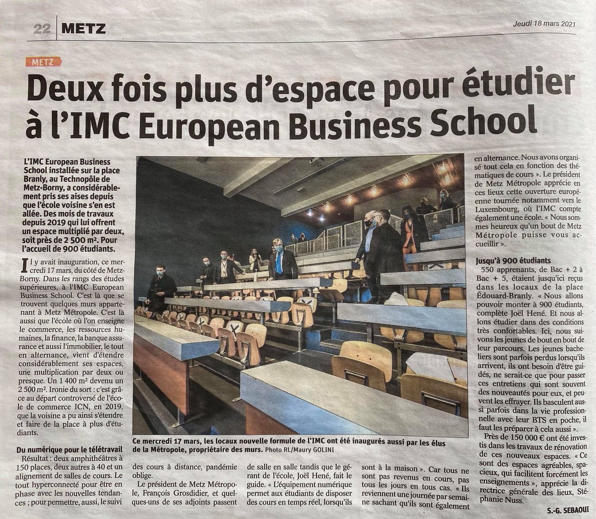 IMCSchool's tweet photo. Une grande fierté pour notre école de paraître ce matin dans le #RépublicainLorrain, dont l'article valorise l'inauguration de nos locaux. 

Notre école a été inaugurée le 17 mars 2021, par Monsieur le Maire @GrosdidierMetz ainsi que son équipe à ses côtés. Merci à tous🤩 https://t.co/TRRJpHwocH