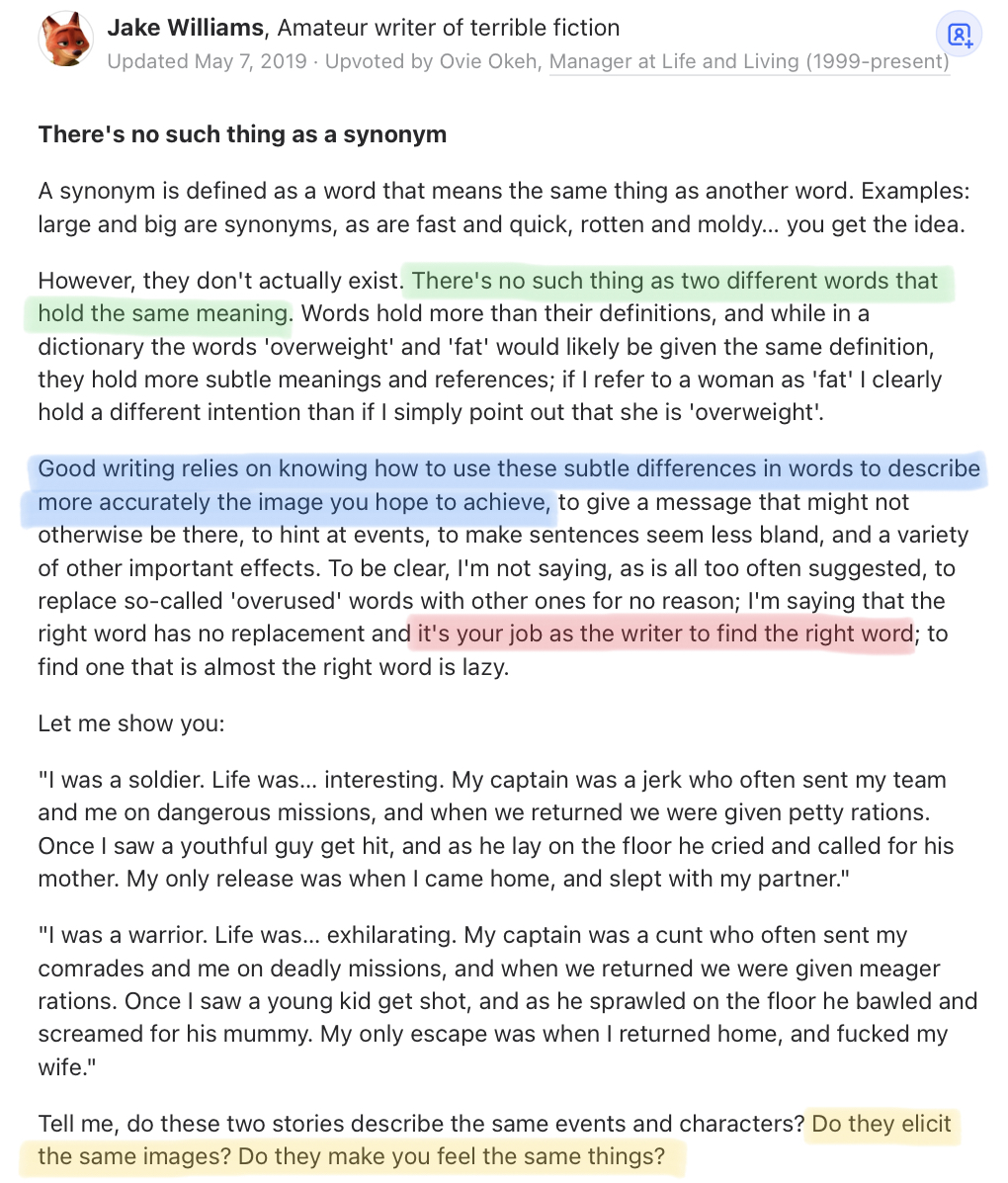 David Perell on X: This is outstanding writing advice: there's no such  thing as a synonym. As a writer, it's your job to find the right word.   / X