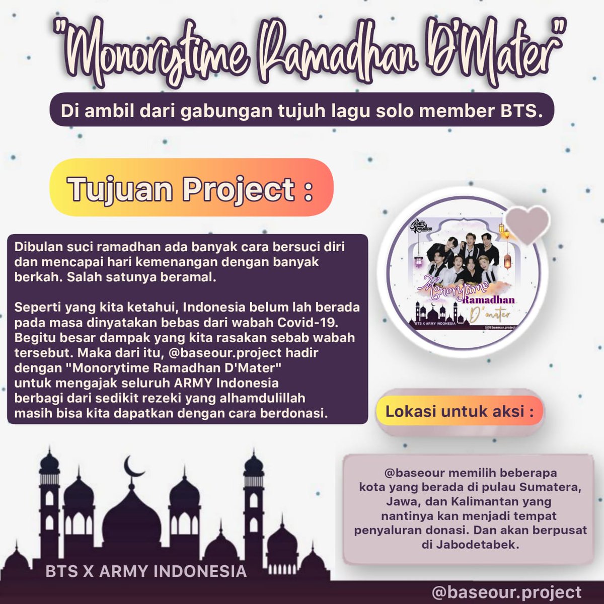 ARMYTEAMID's tweet photo. [💜]

✨MONORYTIME RAMADHAN D'MATER✨

Hallo Army!! Dalam rangka menyambut hari kemenangan (Idul Fitri) ditengah kondisi Indonesia yang belum dinyatakan pulih, kami membuka Donasi yang akan disumbangkan kepada mereka yang membutuhkan nih di bulan suci Ramadhan🤗 https://t.co/sSgmrKLkPk