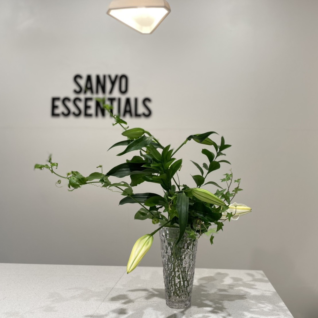 Sanyoessentials 今週のお花 日本橋髙島屋s C 店 アセボ と トルコ桔梗 カウンターには カサブランカ パッションフルーツ ルスカス アイビー フルールフルーリールさんに装花をお願いしています Instagram
