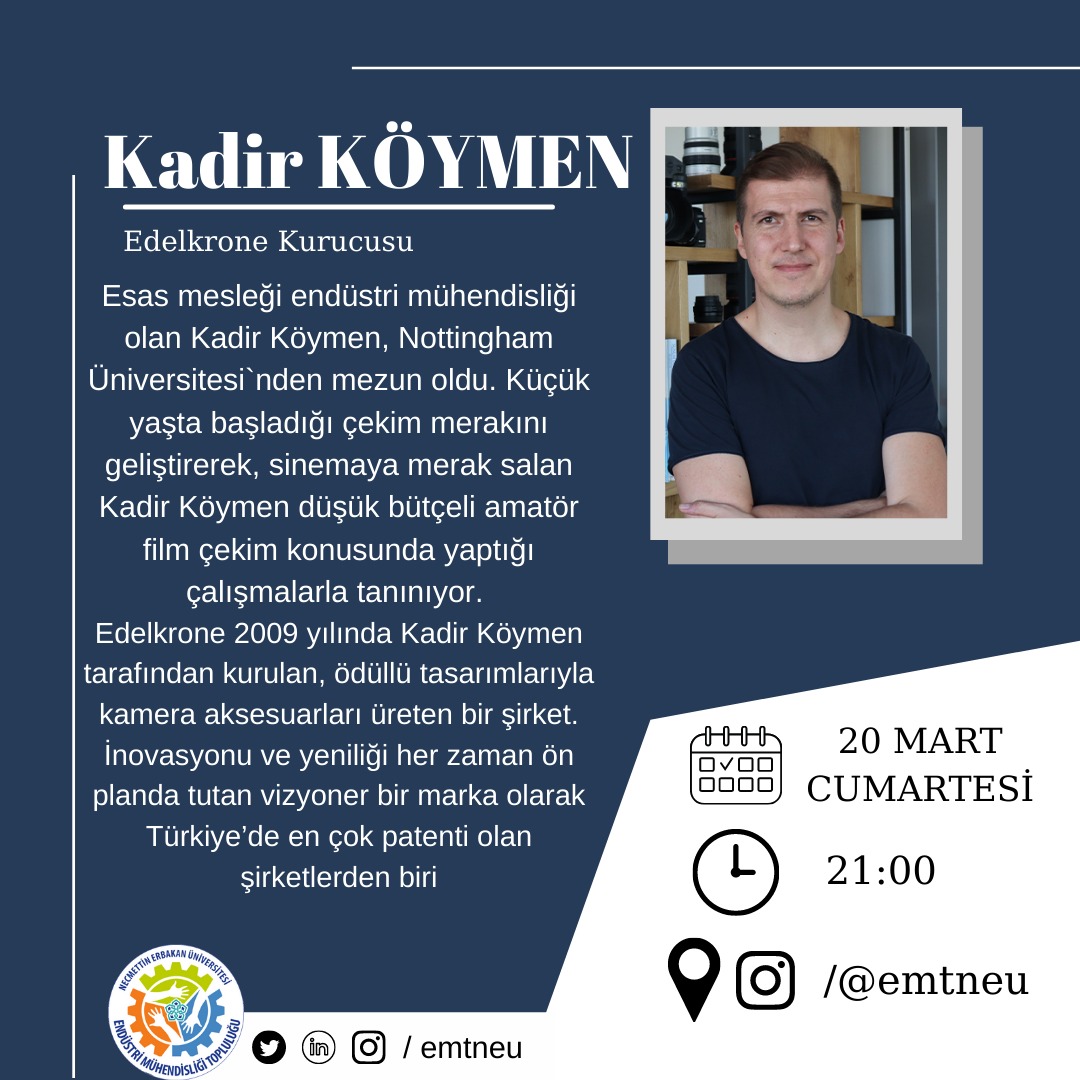emtneu's tweet photo. Sektör Sohbetleri' nde bu hafta Türkiye’nin en inovatif şirketlerinden biri olan Edelkrone' un kurucusu @KoymenKadir ile birlikteyiz. Canlı yayın öncesi sorularınızı linke tıklayarak iletebilrisiniz. https://t.co/an23bjayN7 https://t.co/BYvWZCGBS6