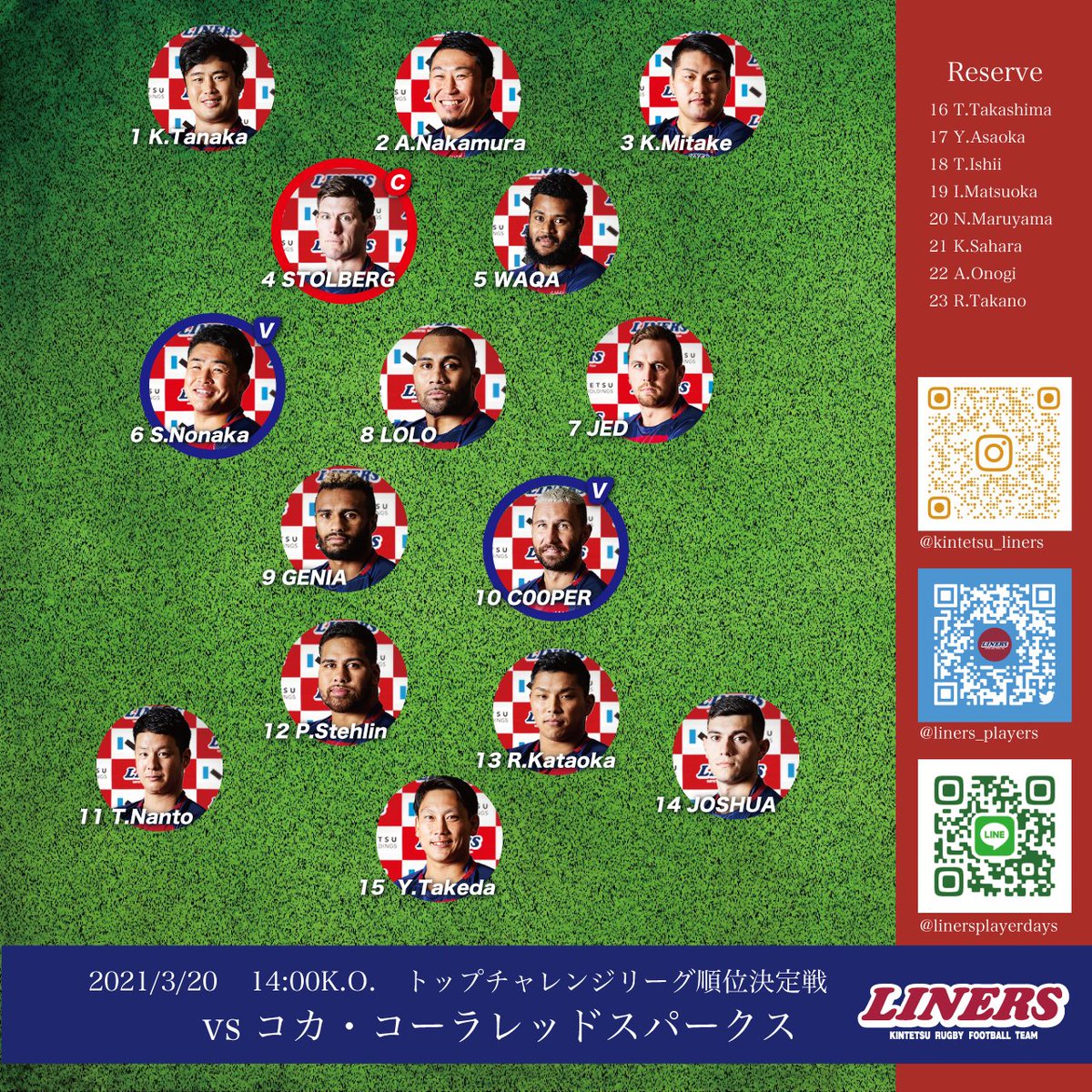 liners_players's tweet photo. メンバー発表！
3月20日(土)14:00K.O. ＠花園
トップチャレンジリーグ順位決定戦第1節
VSコカ・コーラレッドスパークス
#近鉄ライナーズ
#WeAreLINERS https://t.co/7BKoF34e2X