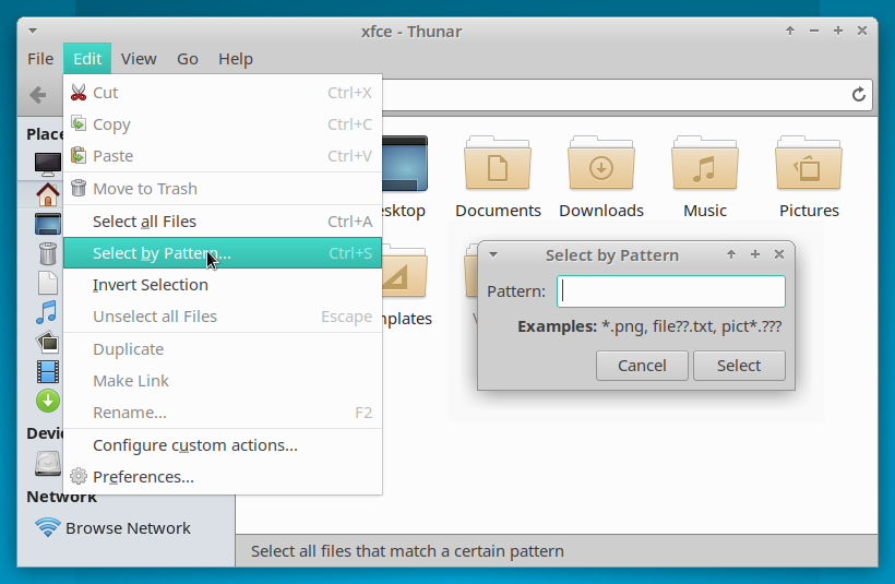 XfceNation's tweet photo. #XfceTips: You can filter out files and folders in #Thunar with patterns using Edit > Search by Pattern or pressing Ctrl + S. https://t.co/SNxqD9WJo9