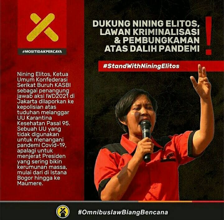 AJIIndonesia's tweet photo. AJI berdiri bersama Nining Elitos yang berjuang melawan pembungkaman kebebasan berpendapat di muka umum dengan dalih pandemi.
Hentikan proses pemanggilan dan pemeriksaan terhadap Nining!
Panjang umur perjuangan.
#AJIbersamaNiningElitos #TolakOmnibusLaw https://t.co/SHCfyPQO7o