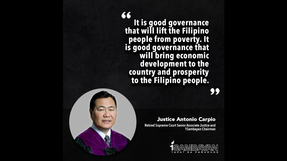 1Sambayan's tweet photo. With the economic repercussions brought by the COVID pandemic, we will need good governance to lift the country up. #1Sambayan #JusticeAntonioCarpio https://t.co/wauedXkO60