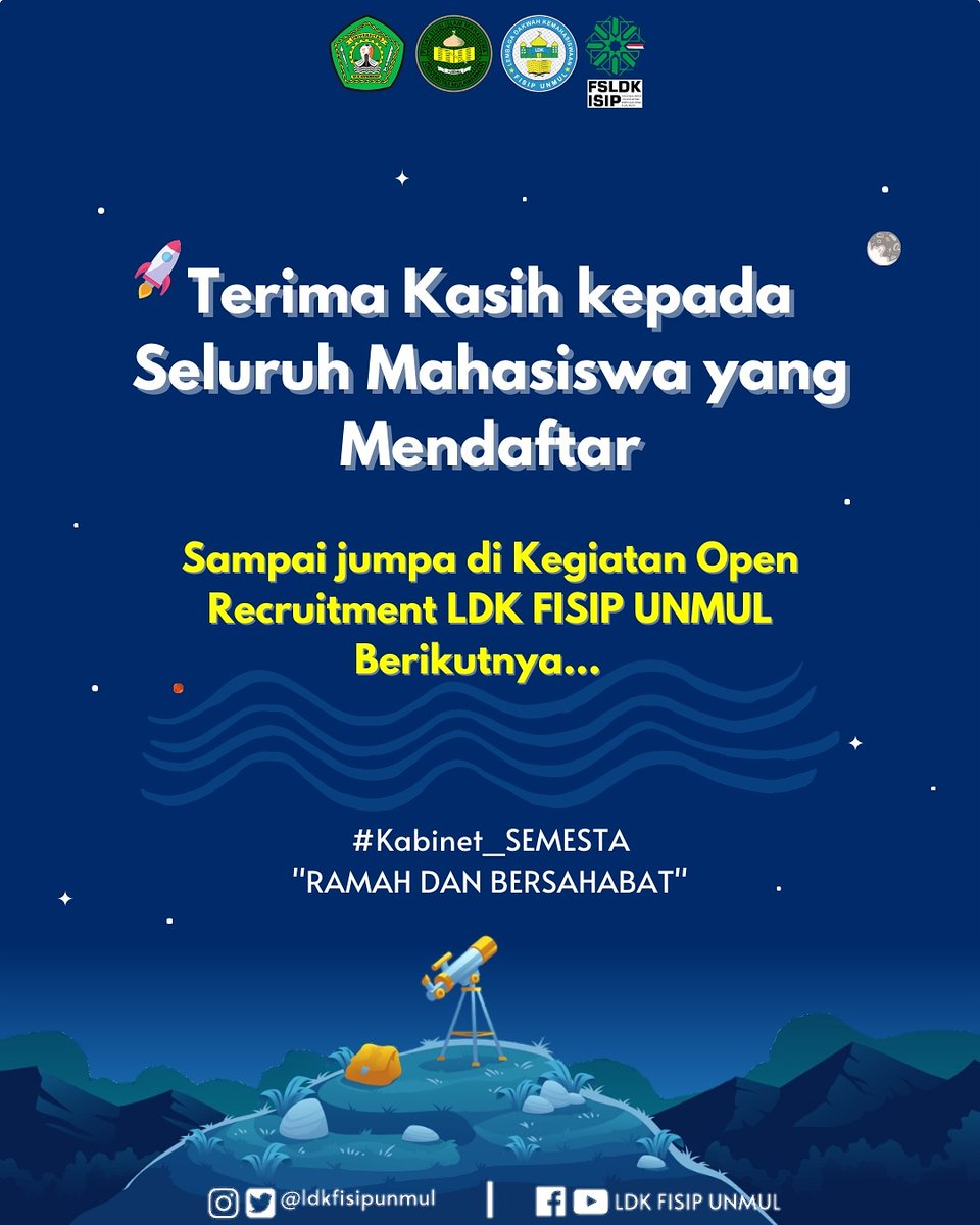 {Penutupan Open Recruitment}

Terima kasih kepada seluruh mahasiswa yang mendaftar. Sampai jumpa di kegiatan open Recruitment LDK FISIP UNMUL berikutnya👋🏻.

#PenutupanOprec
#NewGeneration
#Kabinet_SEMESTA
#LDKFISIPUNMUL
#RamahDanBersahabat
--------------------------------------