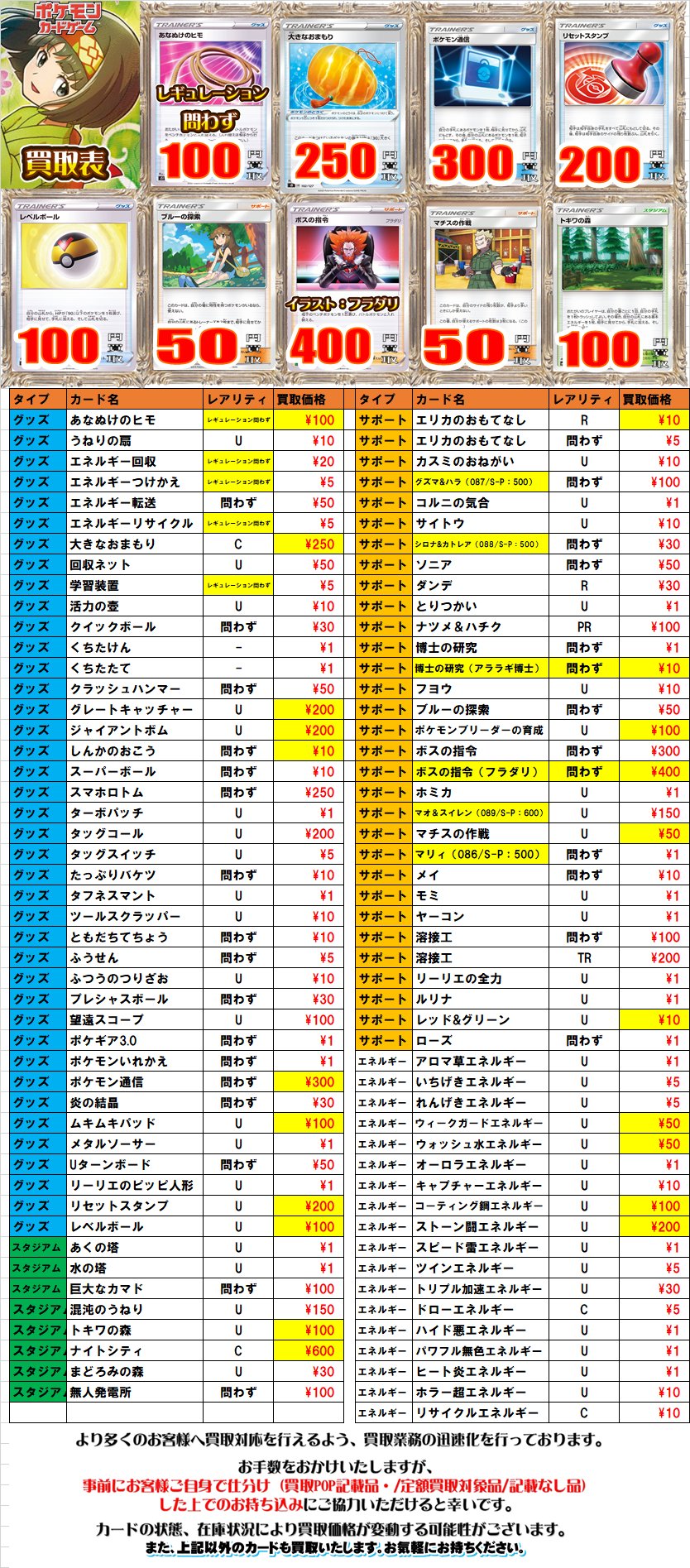 カードラボ水戸店 ポケカ 遊戯王 買取大募集中 ポケカ 買取情報 あなぬけのヒモ レギュレーション問わず 100円 大きなおまもり C 250円 ポケモン通信 問わず 300円 リセットスタンプ 問わず 0円 ボスの指令 フラダリ 400円 マチスの作戦