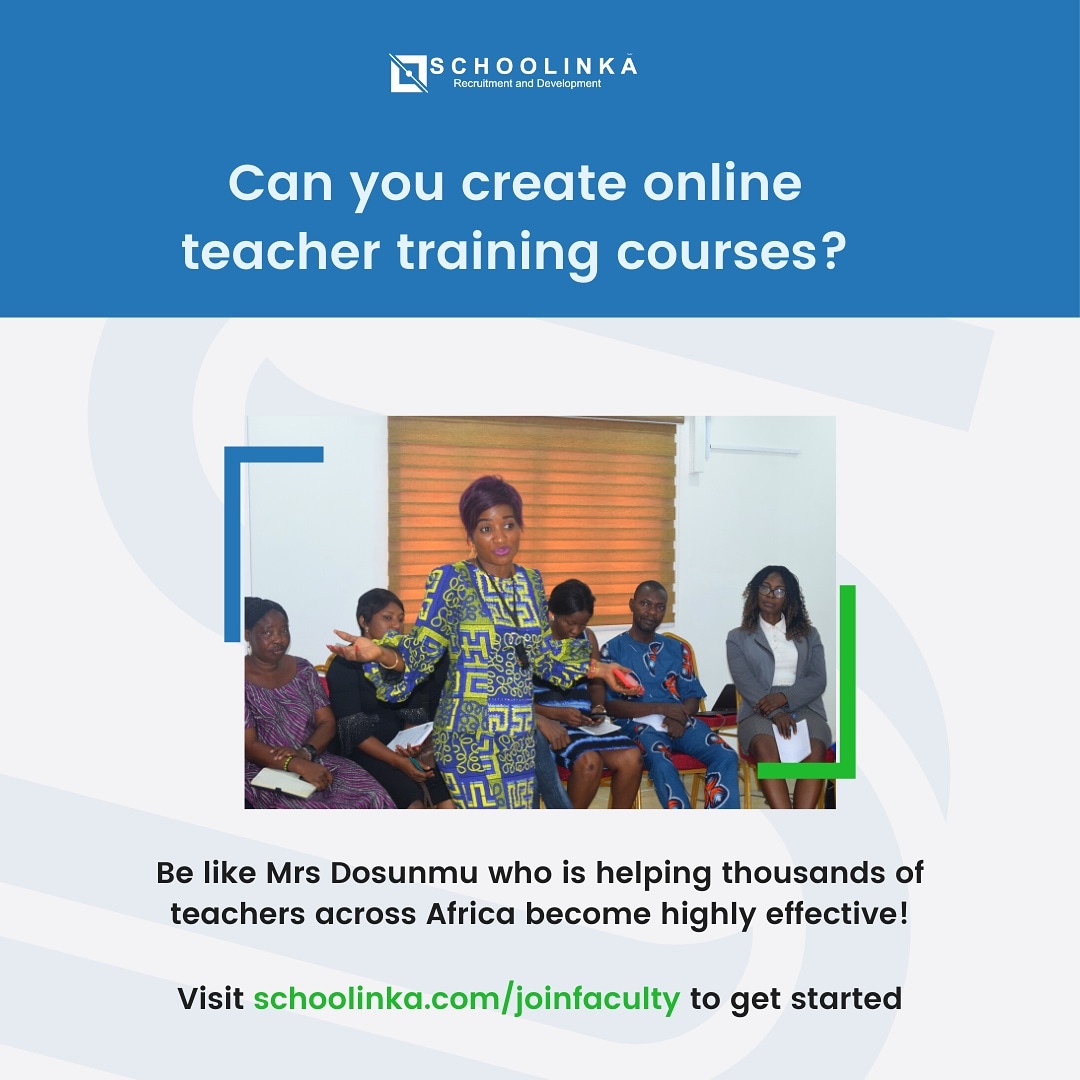 Can you package your teaching skills into an online course for other teachers to learn from? Then we have an opportunity for you to host your courses at no cost on Schoolinka platform. You can also sell these courses.

To get started  please visit: schoolinka.com/joinfaculty
