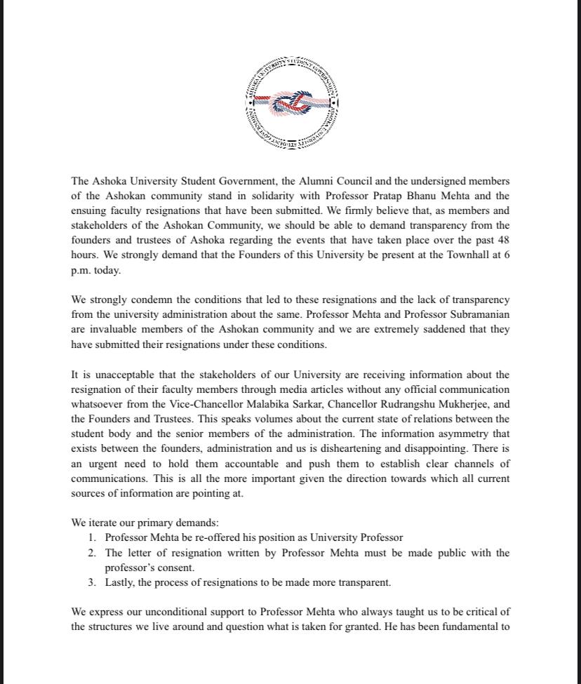 ashokaunisg's tweet photo. The @ashokaunisg, the Alumni Council and members of the Ashoka stand in solidarity with Professor Pratap Bhanu Mehta and the ensuing faculty resignations. Please find the form to show your solidarity.
https://t.co/jWhKwCZjhI
#NotMyAshoka #AshokaWithPBM #AshokaforAcademicFreedom https://t.co/pNYvxzxQjV