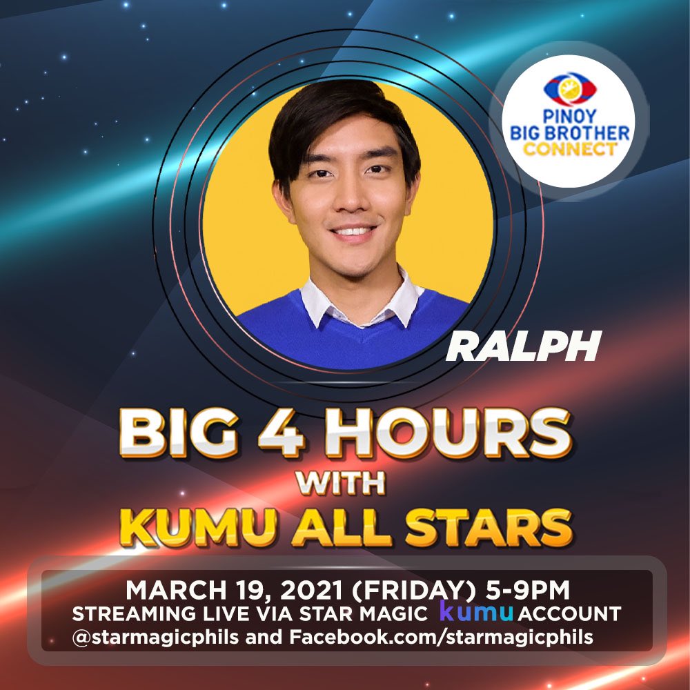 PBBabscbn's tweet photo. BIG 4 HOURS with PBB Connect ex-housemate—Ralph! 

Kumunect na with us! 

BIG 4 HOURS with KUMU ALL STARS 
March 19, 2021 (Friday) 5-9PM

Streaming live via @starmagicphils Kumu Account and https://t.co/9tUG11O8qN https://t.co/tMGJNasKy1