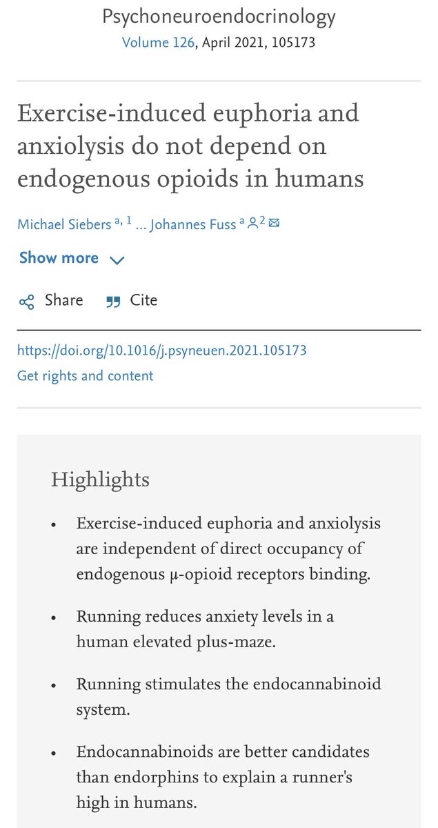 ✍🏼 Muy interesante trabajo sobre efecto eufórico obtenido con el ejercicio: 
⇨ La euforia y reducción de ansiedad inducidas por el ejercicio no dependen de los opioides endógenos en los seres humanos
sciencedirect.com/science/articl… 
@riesgo_SEC <a href="/secardiologia/">Soc Esp Cardiología</a> <a href="/clinica_sec/">Asociación Cardiología Clínica SEC</a> <a href="/SVCardio/">SVCardio</a>