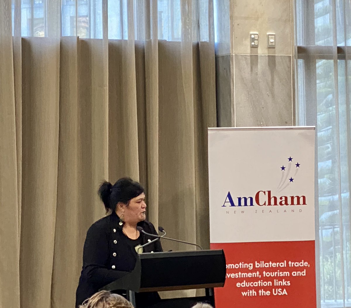Our Minister of Foreign Affairs <a href="/NanaiaMahuta/">Nanaia Mahuta</a> addressing members of the American Chamber of Commerce <a href="/NZParliament/">NZ Parliament</a> tonight.