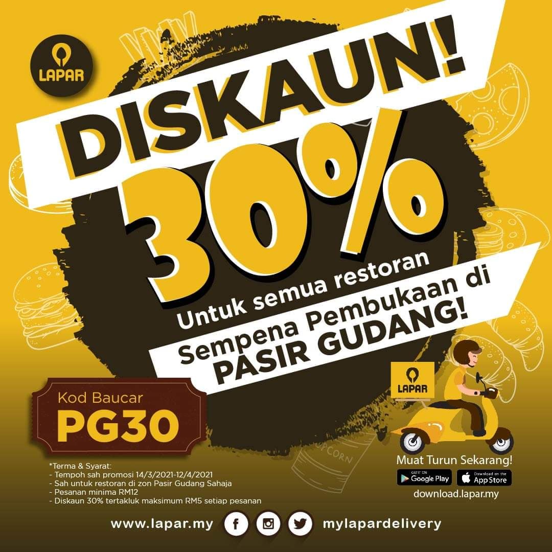MyLaparDelivery's tweet photo. Nikmati DISKAUN SEBANYAK 30% semasa memesan delivery makanan di app Lapar!

Terma &amp; Syarat
* Tempoh sah promosi 14/3/2021-12/4/2021
* Sah untuk restoran di Pasir Gudang sahaja
* Pesanan minima RM 12
* Diskaun 30% tertakluk maksimum RM 5 setiap pesanan https://t.co/ee4ocMs6So