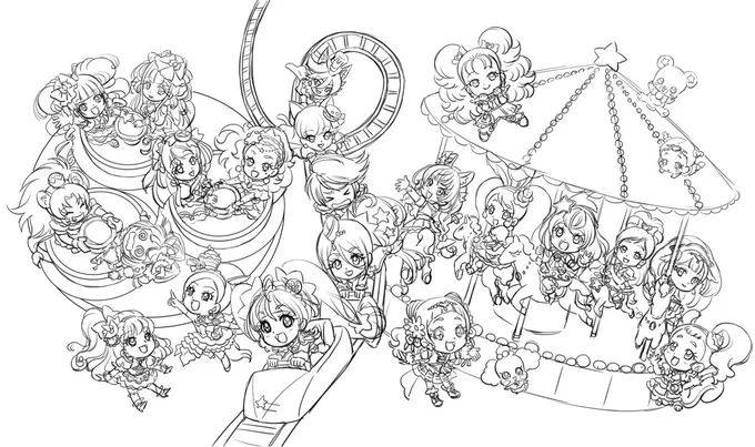 「プリキュアオールスターズ知育えほん」今年も発売されました!トロプリが表紙です✨
知育えほんはおともだちピンクで描いた見開きページなどに新プリキュアを追加してるので、見比べてみるのも楽しいかも…。
これは去年のおともだちピンク本誌のラフと、ヒープリ追加した時のラフです☺️ 