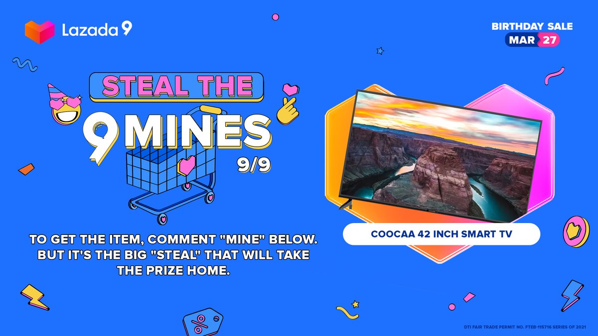 LazadaPH's tweet photo. #StealThe9Mines 9/9: COOCAA 42” Smart TV

To grab this, just tweet "Mine" below. BUT the best "steal" takes it home. 

Throw in a selfie, an extra video, whatever it takes to make yours the best steal! #Lazada9Birthday https://t.co/xPdmcRlczq