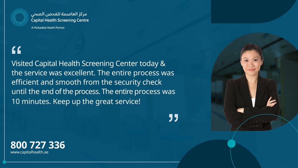 CapitalHealthAE's tweet photo. Easy appointment booking, professional staff, quick &amp; easy visa screening, and maintaining the health of our community – all that we do is guided by one thing – customer satisfaction!

#CapitalHealthScreeningCentre #ClientTestimonial #HealthScreening #AbuDhabi #WeAreDedicated https://t.co/RteoYnN2FD