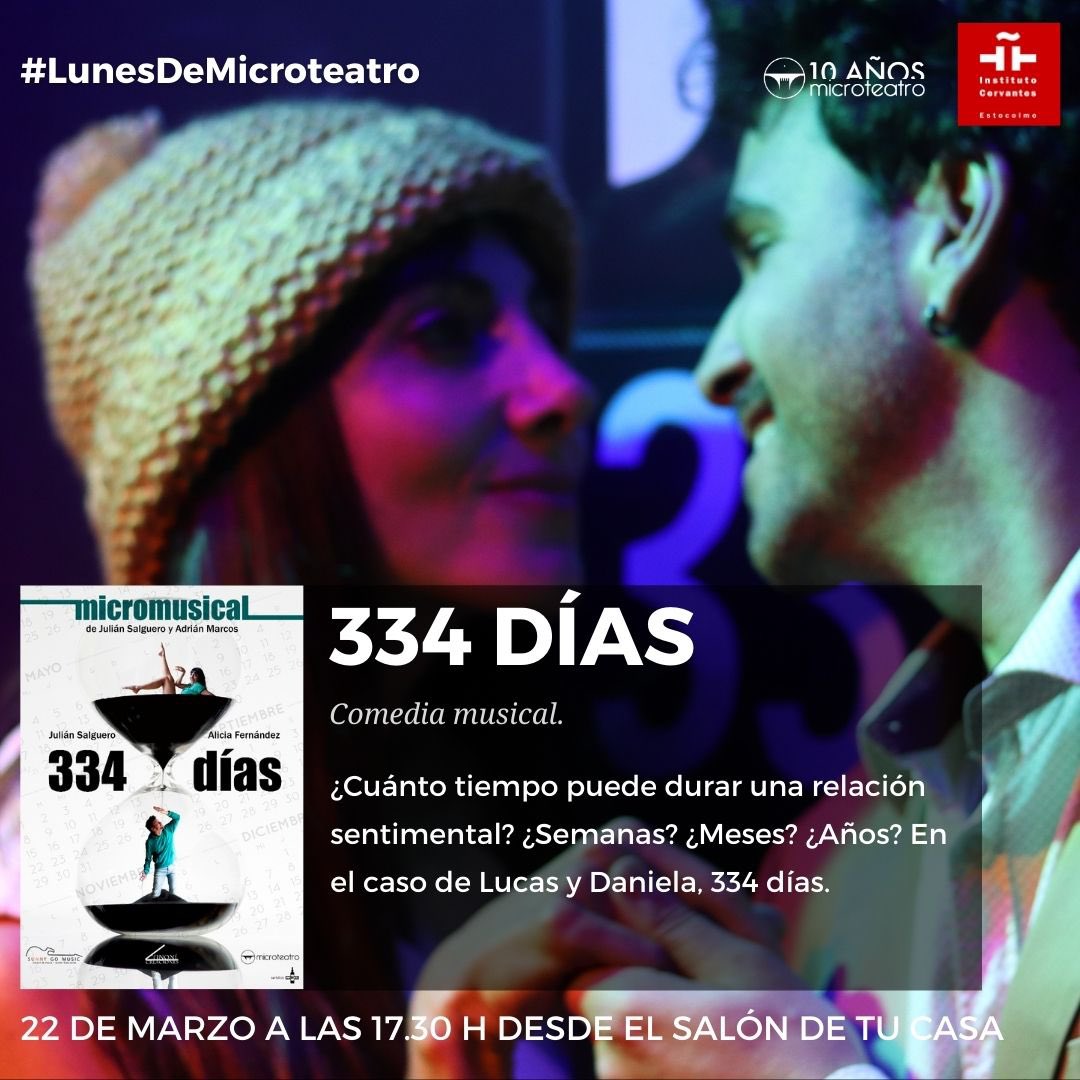 El próximo lunes (17:30 h) concluye  nuestra actividad #LunesdeMicroteatro con el estreno de la obra "334 días", con Julián Salguero y Alicia Fernández, de <a href="/TinoniCrea/">Tinoní Creaciones</a>. 

Sigue en directo la representación con <a href="/microteatro/">microteatro</a>. Reserva aquí :

👉🏻 bit.ly/3lDhLot