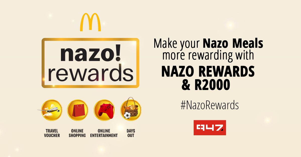 947's tweet photo. Reward your belly and your wallet today by buying any @McDonaldsSA Medium Meal, sharing a pic of yourself with your guaranteed Nazo Rewards scratch card using hashtag #NazoRewards, and we could upgrade your Nazo Reward with R2,000 cash 🍔 Ts & Cs apply! https://t.co/WFrBDfV4oI