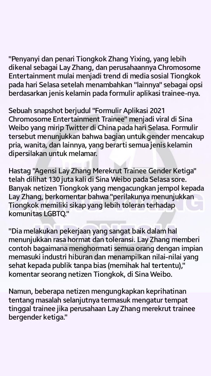Zhang Yixing Indonesia S Tweet 180321 Global Times China Article Update Talks About Layzhang Hashtag Lay Zhang S Agency Recruits Third Gender Trainees Trends On Chinese Social Media Full English Layzhang Trendsmap