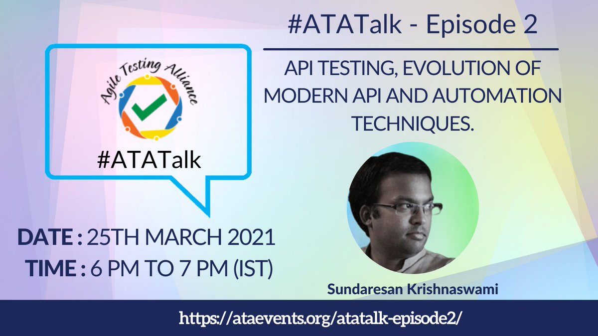 AgileTAlliance's tweet photo. Join us for #ATATalk - Episode-2 & get a chance to interact with Sundaresan K. live in this wonderful #ATATalk initiative.
FreeSessions-part of Community learning program by AgileTestingAlliance
Date: 25th Mar 2021 from 6:00 pm–7:00 pm (IST)
Register now :https://t.co/SkBiNrtOd8 https://t.co/FA1gFmUSDk