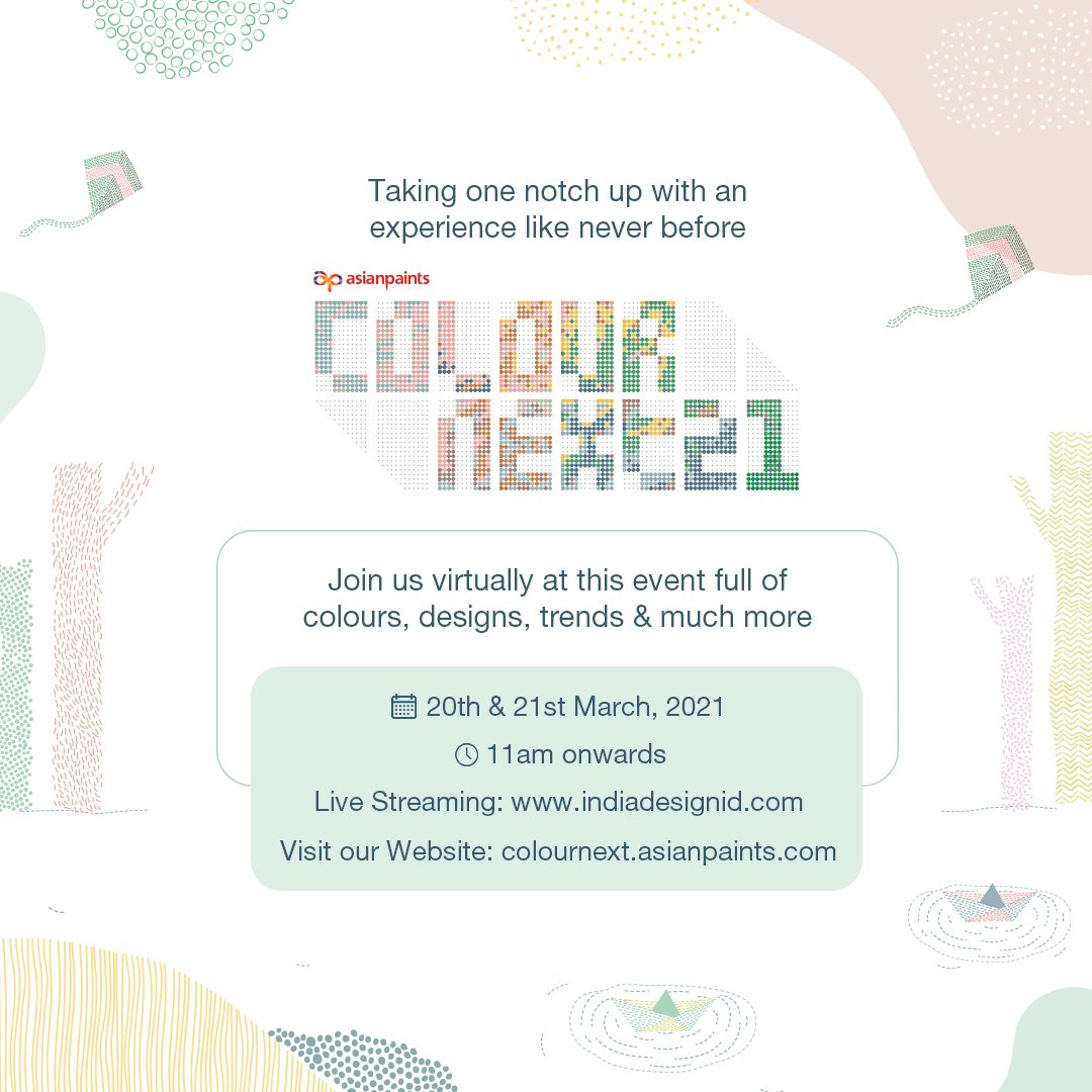 asianpaints's tweet photo. It’s that time of the year again where the best of design &amp; aesthetics is brought by #AsianPaints #ColourNext. Join us for an immersive design experience at #IndiaDesignWeek from 20th to 24th March 2021 at our live streaming. 
Click on: https://t.co/KrMnLXhjDT

#ColourOfTheYear https://t.co/ovGN2e3WqM