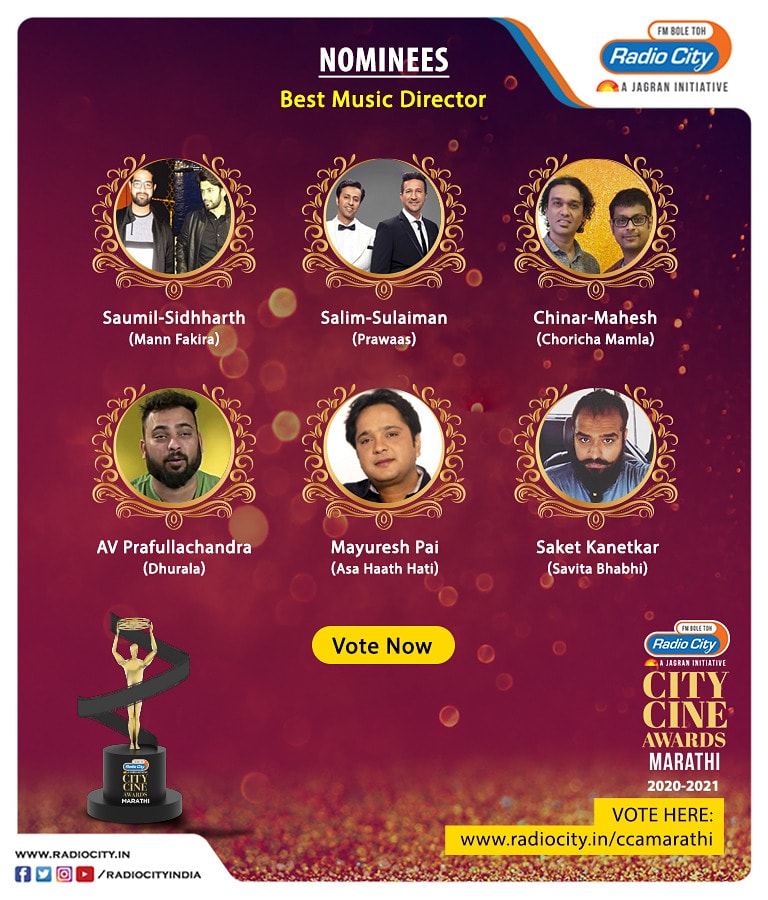 Here are the nominations for Best Music Director at #CCAMarathi. Go vote for your favourite now.

Visit radiocity.in/ccamarathi to vote now. Voting lines open till 20th March
.
.
#RadioCity #CityCineAwardsMarathi