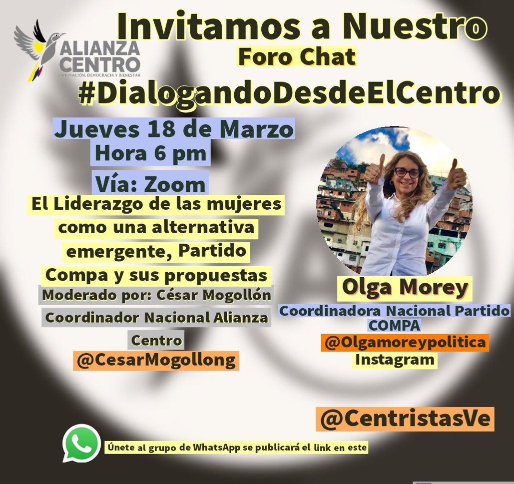 CompromisopaisC's tweet photo. Este Jueves #18Mar hora 6 pm tendremos en el Foro digital #DialogandoDesdeElCentro a @MoreyPolitica #politicoemergente , Coordinadora General Nacional del Partido @CompromisopaisC por zoom .
Únete al Grupo de WhatsApp para acceder a la sala digital
https://t.co/lcRSXVg7C1… https://t.co/ivY0Tm6idr