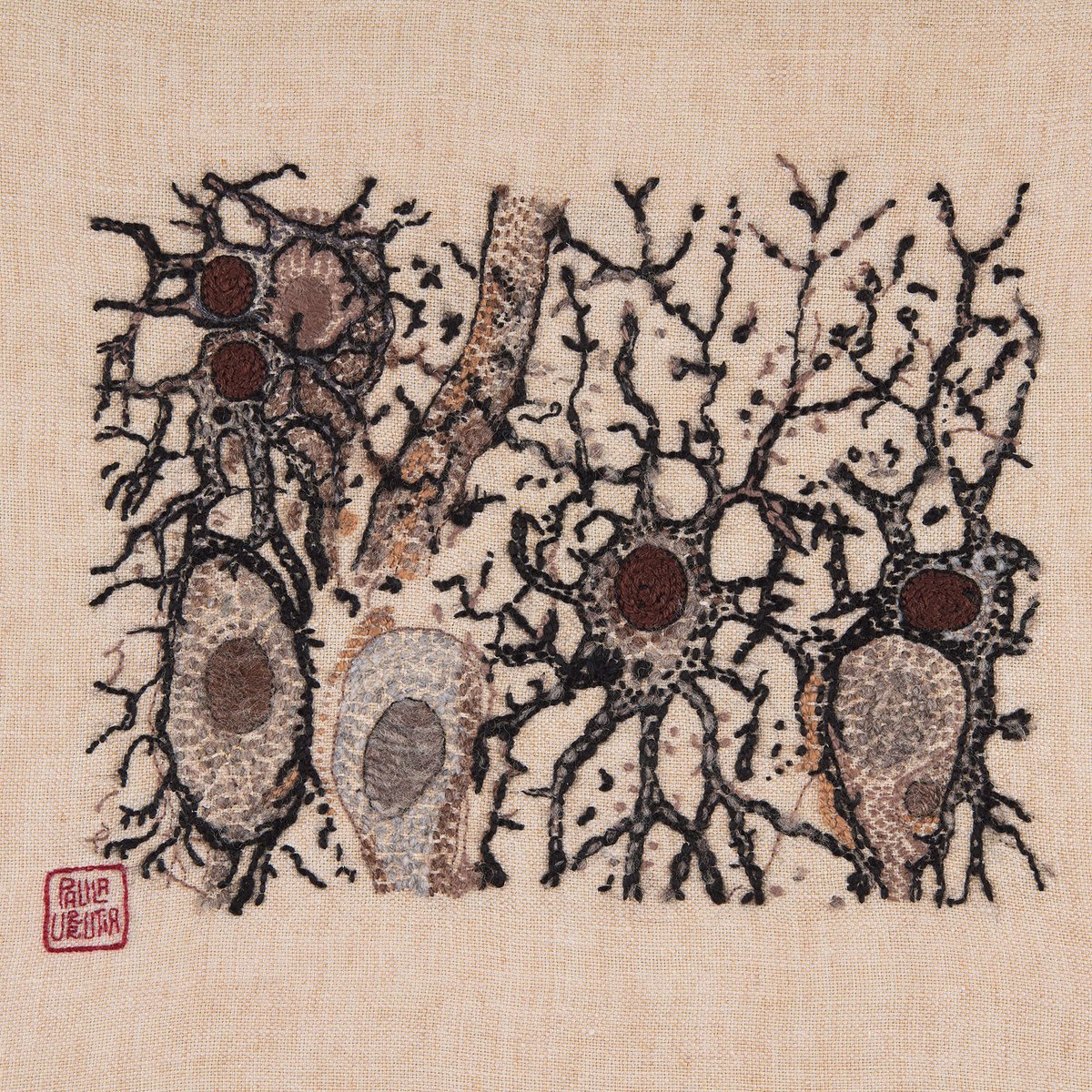 DrArpan100's tweet photo. The neurovascular-glial unit as a Cajal embroidery is featured on the front cover of The Lancet Neurology today.  Thanks to the talented Paula Urrutia @DZNE_en of #TheCajalEmbroideryProject for her contribution.

@TheLancetNeuro @EdinUniNeuro #BrainAwarenessWeek #SciArt https://t.co/Eri53fHa06