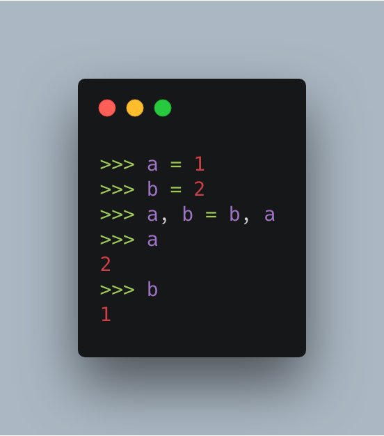 pybites's tweet image. Need to swap two variables in #Python? No intermediate variable needed, you can use tuple unpacking: