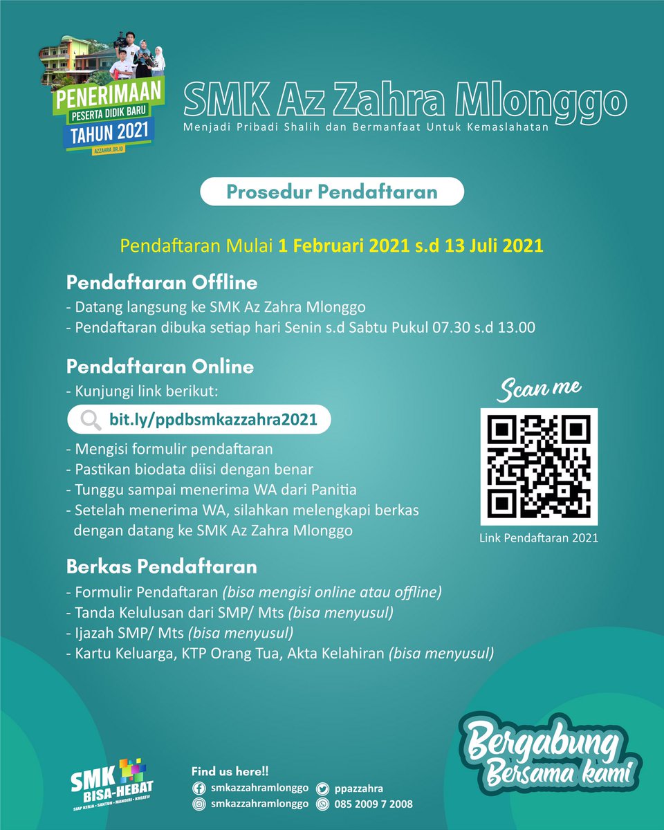 ppazzahra's tweet photo. Pendaftaran Peserta Didik Baru SMK Az Zahra sudah dibuka lo mulai 1 Februari 2021 s.d. 13 Juli 2021, ayo buruan daftar dengan klik link yang ada pada bio atau bisa dengan scan QR Code yang ada pada gambar.

#jepara #smkazzahra #smkazzahramlonggo #smkbisa #smkhebat https://t.co/mz5adha6qX