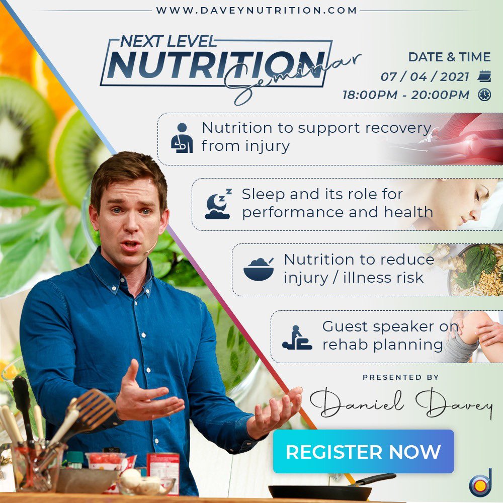 Delighted to announce details of our 2nd seminar; a topic I think doesn't get enough attention or consideration; nutrition to support recovery from injury. Nutrition plays a critical role in helping injurer athletes back to full health.
Full details daveynutrition.com/next-level-nut…