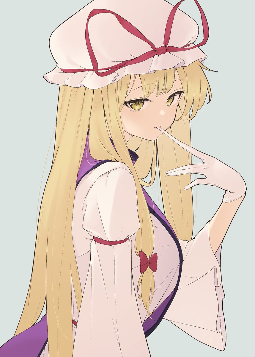 yakumo yukari 1girl solo hat long hair blonde hair gloves yellow eyes  illustration images