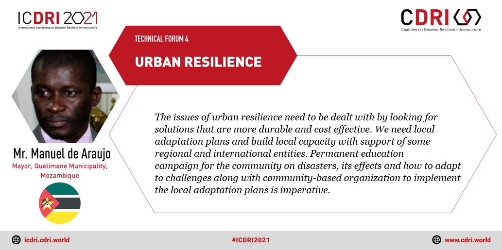 cdri_world's tweet photo. Mr. Manuel De Araujo, Mayor, Quelimane Municipality, Mozambique, endorses the use of local techniques and local material as it allow communities to build back better without disrupting the ecological balance at #ICDRI2021.
#resilientinfra https://t.co/bKaA7cEQ1D