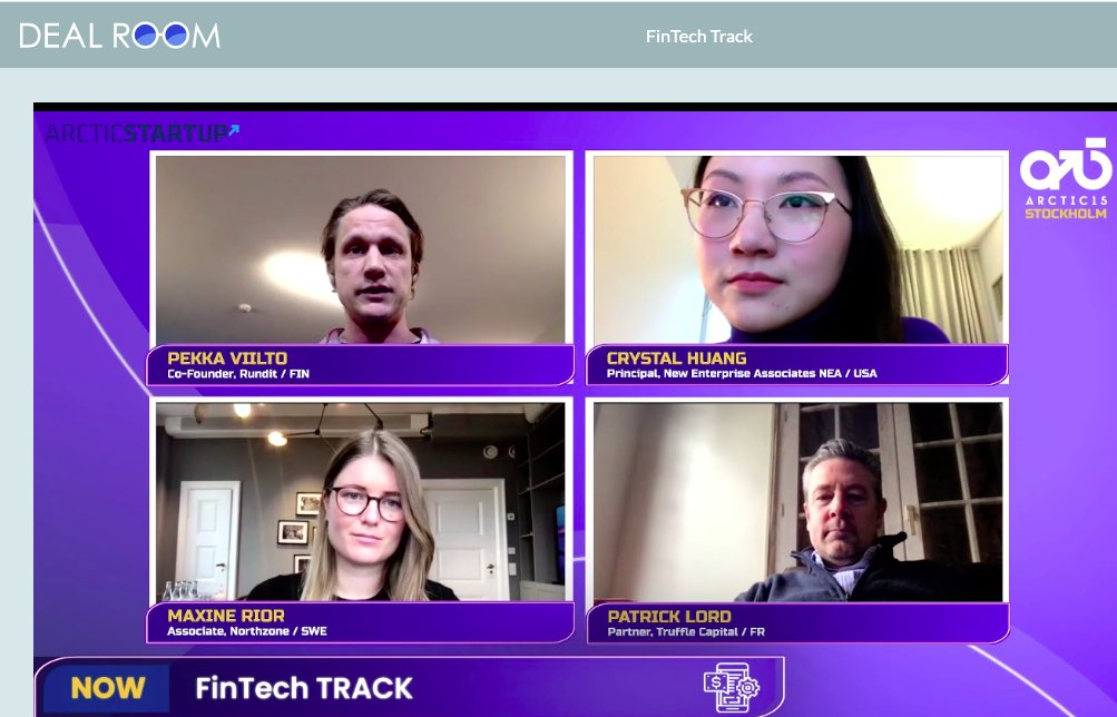 arctic15's tweet photo. Continuing in the #FintechTrack at #Arctic15, our next investor panel

Panelists:
@CrystalHuang, @NEA 
@maxinerior, @northzoneVC  
@patricklord, @trufflecapital  
hosted by @Viiltou, @RunditOfficial https://t.co/oxUXe8Ebsh