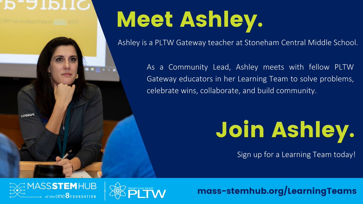 one8alhub's tweet photo. Allow us to introduce @STEMmass of @StonehamPS, a @PLTWorg Community Lead! Ashley's Learning Team of MA PLTW Gateway teachers meet to share best practices, tackle instructional challenges, and support one another! #PLTWMA

Join a Learning Team today at https://t.co/2hNaRgL22p https://t.co/hvXqDI3bys