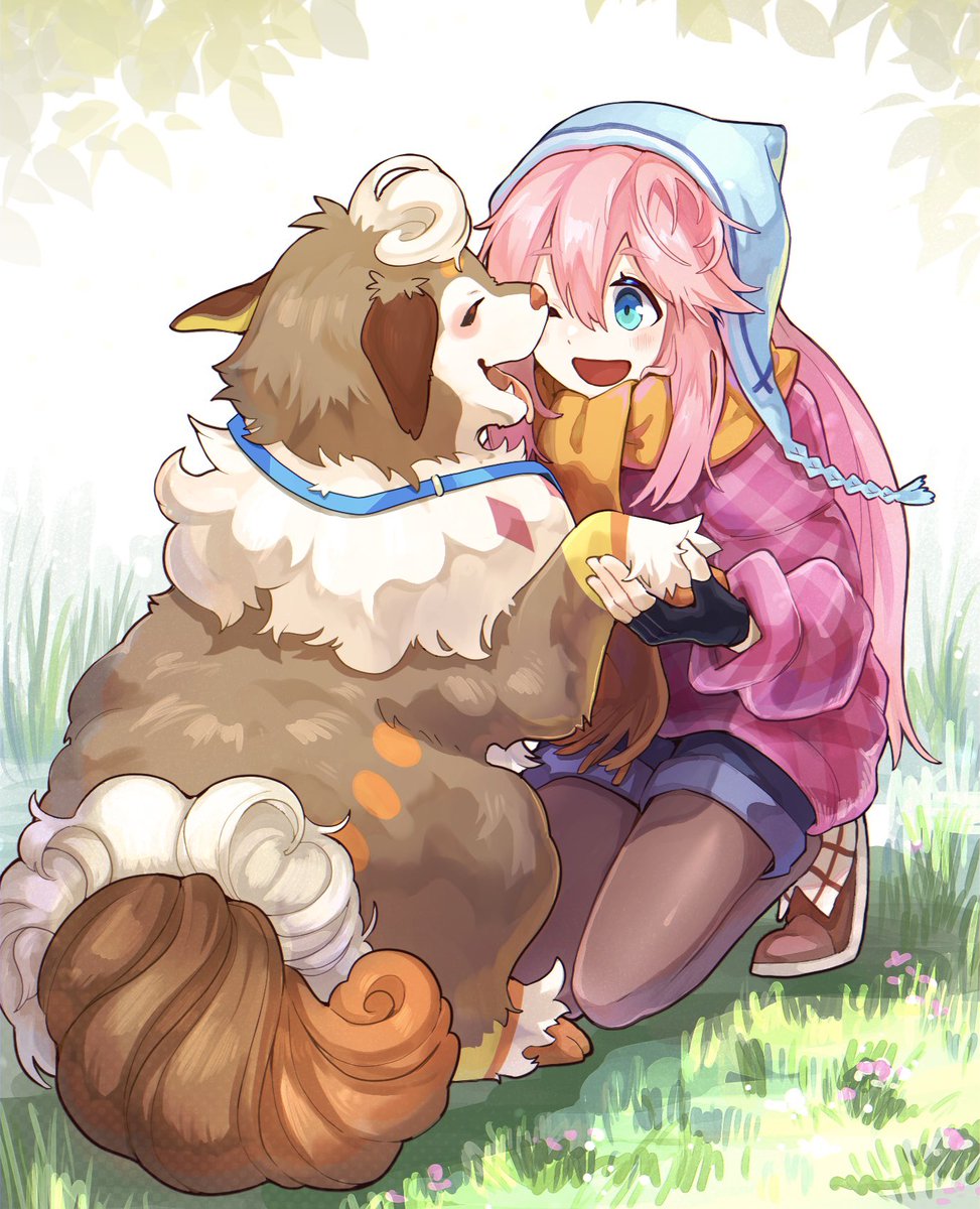 kagamihara nadeshiko 1girl pink hair one eye closed hat dog long hair shorts  illustration images