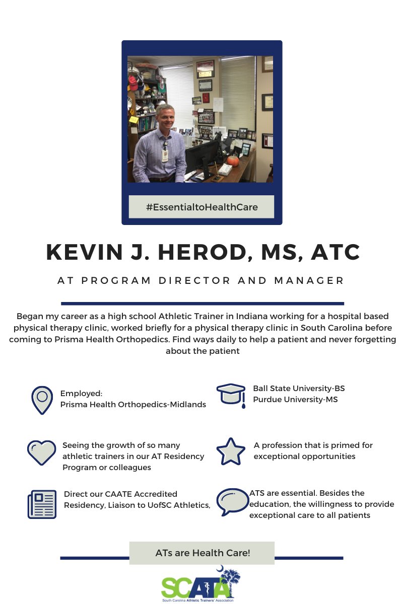 SCATCs's tweet image. Today’s Athletic Trainer Spotlight is Kevin Herod. Athletic Trainers are essential to your healthcare team! #ATsEssentialtoHealthCare #scata #NATM2021
