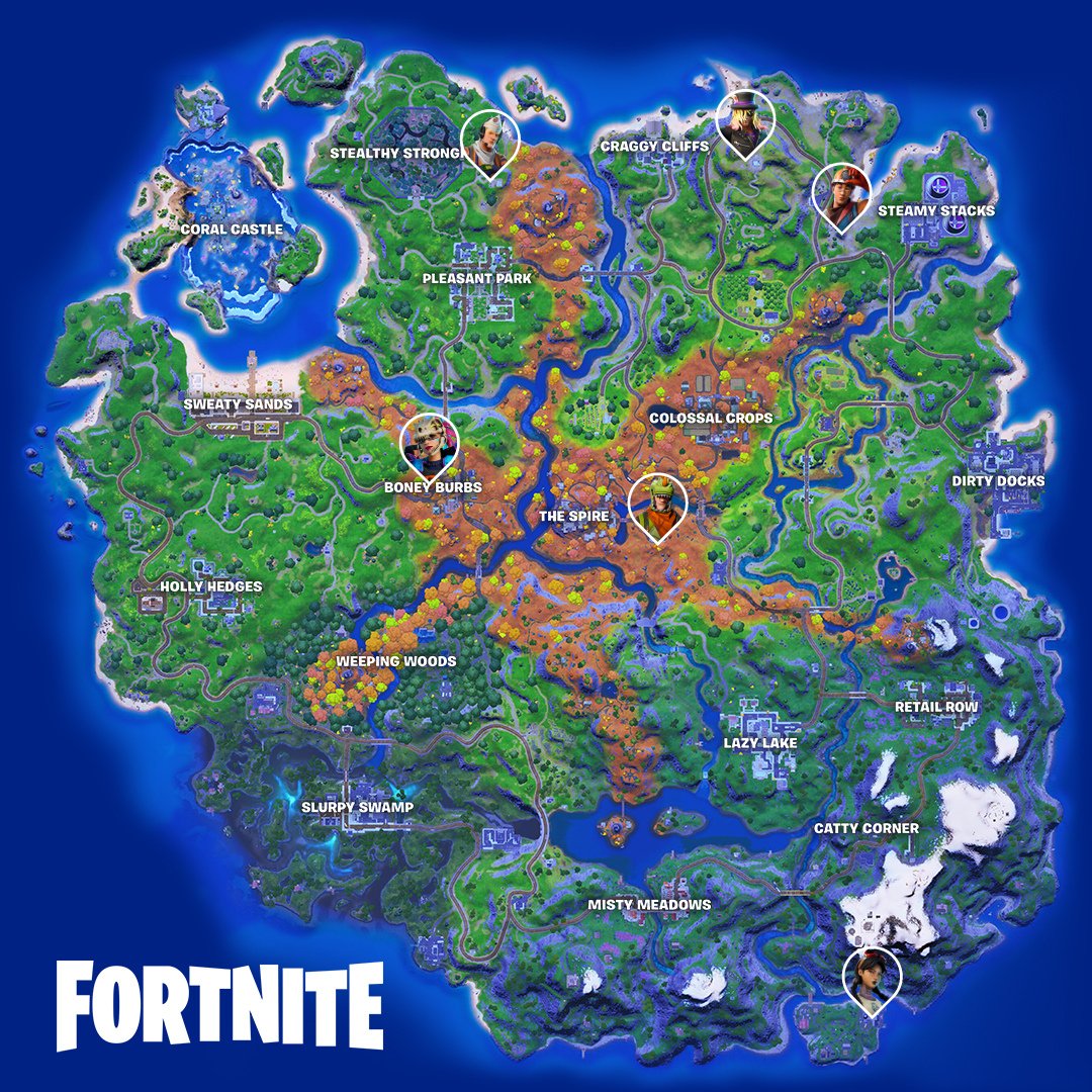 Localización de NPCs. #Fortnite

 1. Ofrecen armas exóticas, legendarias y épicas.
 2. Ofrecen mejoras de armas.
 3. Ofrecen transformarse en objetos.
 4. Ofrecen huesos de animales y piezas mecánicas para la elaboración.